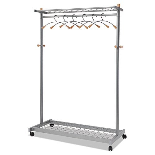 ALBA PMLUX6 Garment Racks Two-Sided 2-Shelf Coat Rack 6 Hanger/6 Hook Silver Steel/Wood