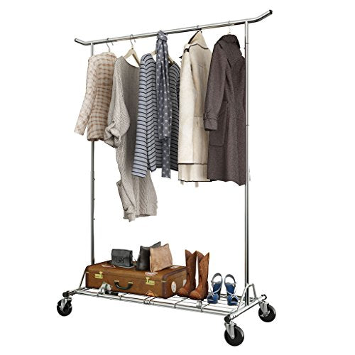 LANGRIA Heavy Duty Rolling Commercial Single Rail Clothing Garment Rack with Wheels Height Adjustable Collapsible Clothes Rack Max Load Capacity 143.5 lbs. for Bedroom Dressing Room Store (Chrome)