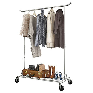 LANGRIA Heavy Duty Rolling Commercial Single Rail Clothing Garment Rack with Wheels Height Adjustable Collapsible Clothes Rack Max Load Capacity 143.5 lbs. for Bedroom Dressing Room Store (Chrome)