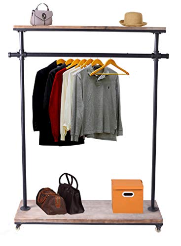Diwhy Industrial Pipe Clothing Rack Pine Wood Shelving Shoes Rack Cloth Hanger Pipe Shelf Garment Racks (Style 3)
