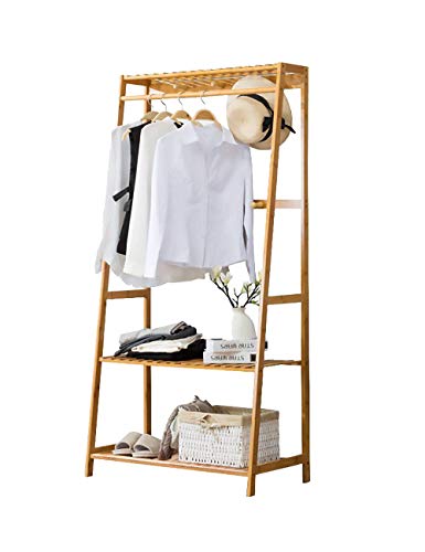 Ufine Bamboo Clothing Garment Rack Heavy Duty Coat Hanging Rack with 6 Hooks, 3 Tier Storage Shelves for Clothes Shoes Hats, in Entryway, Bedroom, Living Room, Guest Room, Apartment and Dorm