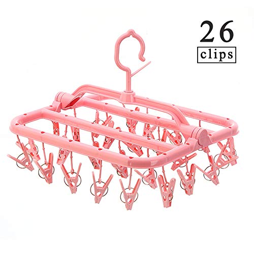 KK5 Foldable Clip and Drip Laundry Drying Hanger with 26 Clips for Drying Socks, Baby Clothes, Cloth Diapers, Bras, Towel, Underwear, Hat, Scarf, Pants, Gloves,Pink