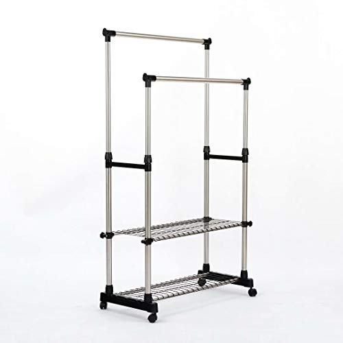 SUNPACE Clothing Garment Rack Adjustable Height Double Hanging Rail with Two-Tier Shelves SUN004
