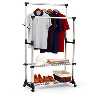 SUNPACE Double Rods Adjustable Rolling Clothes and Garment Rack with Wheels and 2 Shelves on Bottom