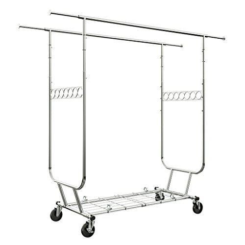 LANGRIA Heavy Duty Rolling Commercial Double Rail Clothing Garment Rack with Wheels Expandable Rods Collapsible Clothes Rack Max Load Capacity 287 lbs. for Bedroom Dressing Room Store (Chrome)