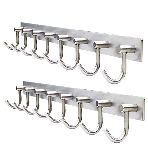 WEBI Wall Mounted Coat Hook Rack - Heavy Duty,Stainless Steel 304 Hook Rail for Bedroom, Bathroom, Foyer, Hallway, Entryway, Brushed Finish, 8 Hooks,2 Packs