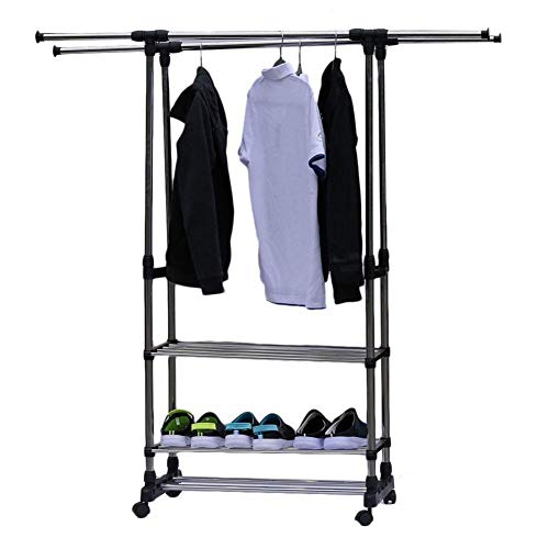 Bulary 3 Tiers Stainless Steel Clothing Garment Shoe Rack Dual Bars Horizontal & Vertical Telescope Style