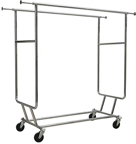 The Great American Hanger Company Collapsible Double Bar Chrome Garment Rack, Commerical Grade Rolling Garment Rack with Adjustable Height & Length