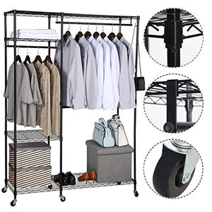 BRIAN & DANY Free-Standing Closet Garment Rack, Heavy Duty Clothes Wardrobe, Rolling Clothes Rack,Closet Storage Organizer with Hanger Bar,Contains 10 s Hooks,Black