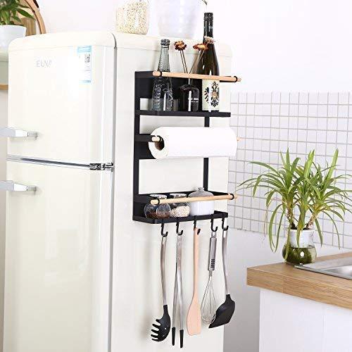 Latest kitchen rack magnetic fridge organizer 18x12 7x5 inch paper towel holder rustproof spice jars rack heavy duty refrigerator shelf storage including 6 removable hooks black 2019 new design