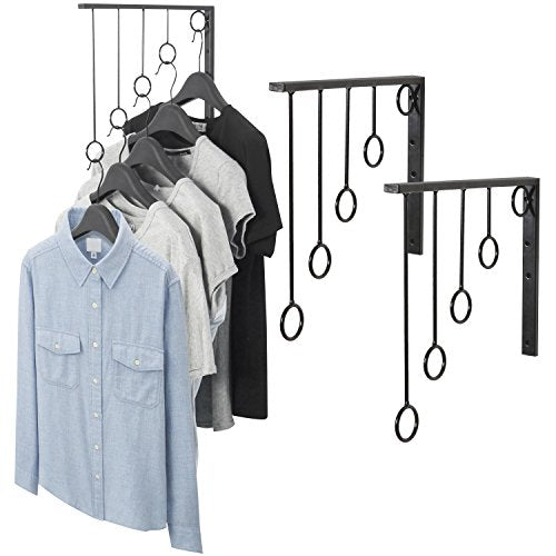 MyGift Wall Mounted Set of 3 Garment Racks, 5 Ring Clothing Organizers, Black