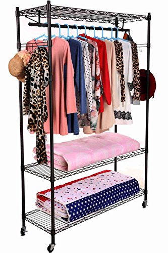 neudas 2 Pair Side Hooks Garment Rack Wheeled Clothes Rack 3-Tier Clothing Rack