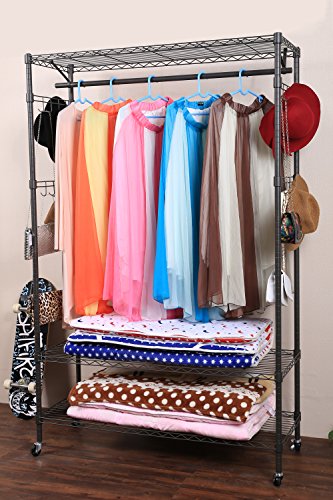 Homdox 3-Tier Garment Rack, Heavy Duty Clothing Wire Shelving, Rolling Free Standing Closet with Lockable Wheels, 1 Hanging Rod and 2 Pairs Side Hooks, Gray