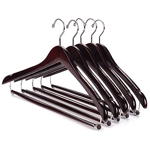 Nature Smile Contoured Wooden Hangers Sturdy Wood Suit Coat Hangers with Locking Bar Chrome Hook Pack of 5 (Walnut)