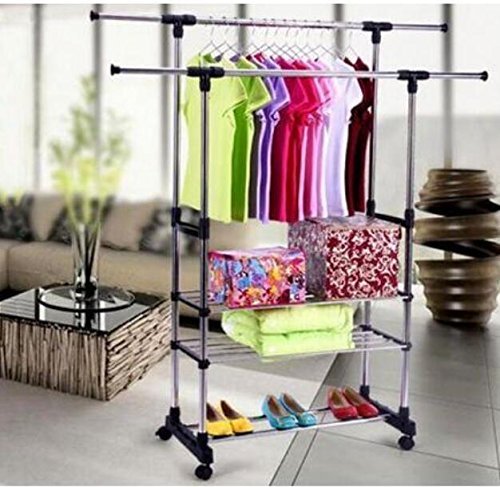 Nagolife Dual Bars Horizontal & Vertical Telescope Style 3 Tiers Stainless Steel Clothing Garment Shoe Rack Clothing Airing Holder Storage Rack Shelves