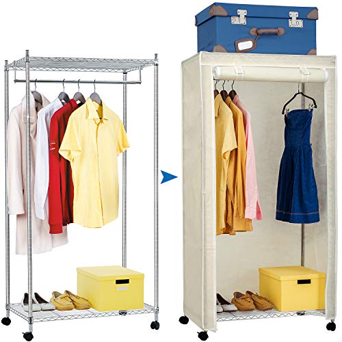 Artmoon Buffalo Heavy Duty Steel Clothes Rail Closet on Wheels with 2 Shelves and Cover