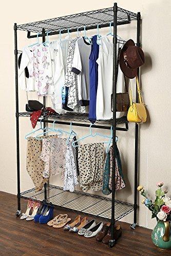 Hindom Free-Standing Closet Garment Rack with Wheels and Side Hooks, 3-Tiers Large Size Heavy Duty Rolling Clothes Rack Closet Storage Organizer (US Stock)