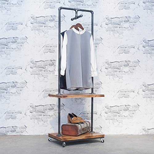 MBQQ Industrial Pipe Clothing Rack with Wood Shelves,Steampunk Iron Garment Rack on Wheels,Vintage Rolling Cloths Racks for Hanging Clothes,Commercial Grade Clothes Racks,Retail Display Clothing Shelf