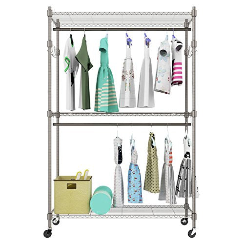 2-Rod Garment Rack, Heavy Duty Rolling Wire Shelving Clothes Shelf Unit with 2 Adjustable Hanging Rods and 2 Side Hooks, Lockable Wheels