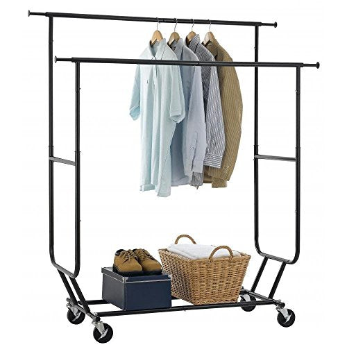 Cirocco Double Rail Rolling Clothing Rack Black – Commercial Garment Hanger Bar Holder | Collapsible Space Saving Sturdy Heavy Duty Steel | For Indoor Outdoor Clothes Undergarment Pants Shirt Laundry