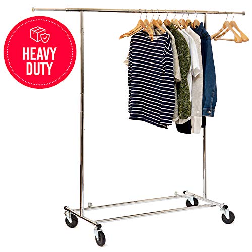 Basics Hardware Elegant Commercial Grade Clothing Garment Rack, Extendable Hanging Rack, Chrome Rolling Rack