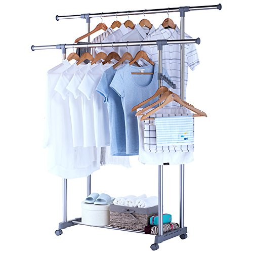 lililili Clothing garment rack Double,Floor standing Multifuctional Hanger,Height adjustable Simple houseware heavy duty Clothing garment rack-???-gray