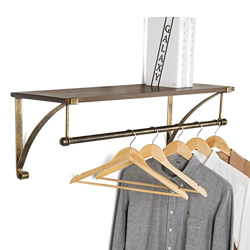 MyGift Wood & Antique Bronze-Tone Metal Wall Mounted Floating Shelf with Garment Hanger Rod