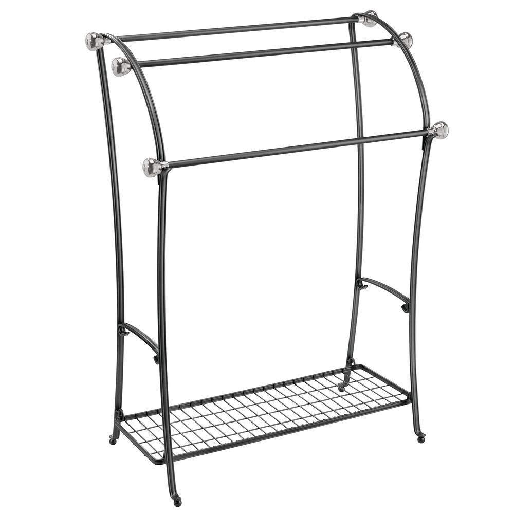 Budget friendly mdesign large freestanding towel rack holder with storage shelf 3 tier metal organizer for bath hand towels washcloths bathroom accessories black brushed steel