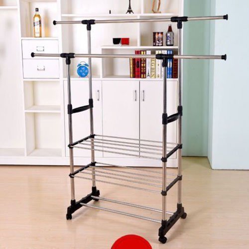 WAJJ 3 Tiers Stainless Steel Clothing Garment Shoe Rack Clothing Airing Holder Storage Rack Dual Bars Horizontal & Vertical Telescope Style