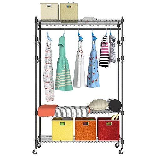 Rolling Garment Rack with Wheels, 3-Tier Heavy Duty Clothes Rack with Single Rods and Shelves, 4 Side Hooks and 4 Wheels, 2 Locking