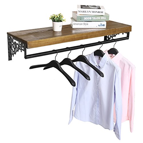 Wall Mounted Wood & Metal Floating Shelf w/Garment Hanger Rod, Decorative Retail Clothing Rack, Brown