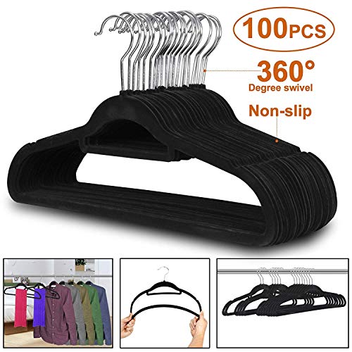 HomGarden 100 Pack Velvet Hangers Ultra Thin Non Slip Clothes Hanger Hook Swivel 360 Flocked & Durable Space Saving w/Bar for Garments, Suits, Dresses, Pants, Shirts, Coats