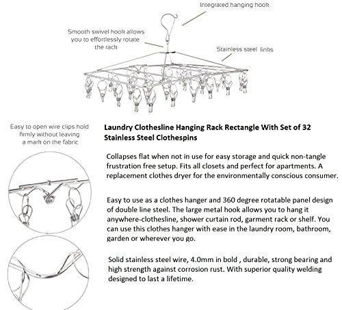 Save on stainless steel hanging drying rack collapsible portable clip and drip hanger with 32 overstriking wire clothespins for drying clothing towels diapers underwear socks