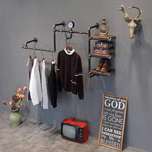 MZGH ISLAND Industrial Vintage Wall Mounted Pipe Shelves, Hung Clothing Rack,Multi-Function Commercial Grade Clothes Store Display Rack,Floating Shelf