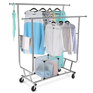 LordBee Double Rail Clothing Garment Rolling Scalable Adjustable Laundry Rack Hanger Heavy Duty Retail Display Hanger with Wheels Bedroom Dressing Room Clothes Storage