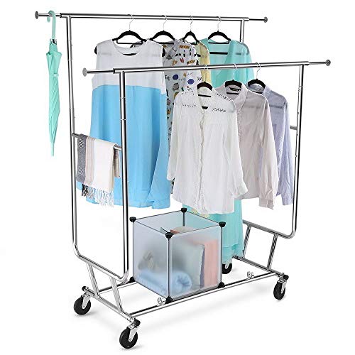LordBee Double Rail Clothing Garment Rolling Scalable Adjustable Laundry Rack Hanger Heavy Duty Retail Display Hanger with Wheels Bedroom Dressing Room Clothes Storage