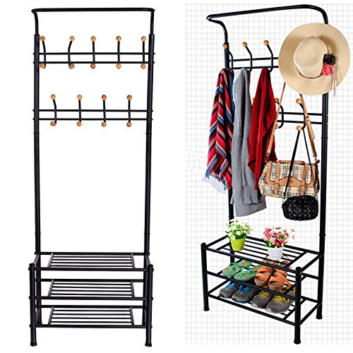 Oguine Entryway Coat Shoe Rack Heavy Duty Garment Rack with 3-Tier Shoes Rack and Hanger Bar US STOCK