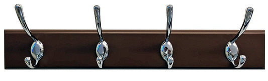 Headbourne 8041E 18" Dark Brown Hook Rail / Coat Rack with 4 Chrome Double Hooks