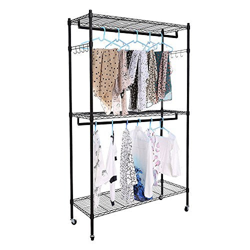 TNPSHOP 2Tier Rod Closet Organizer Garment Rack Clothes Storage Hanger Shelf Hooks Black