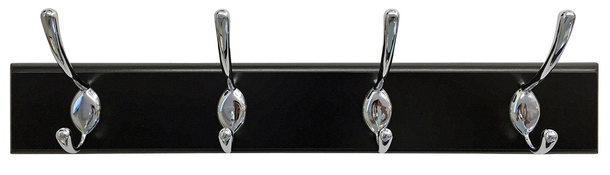 Headbourne 8030E 18" Black Hook Rail / Coat Rack with 4 Chrome Double Hooks