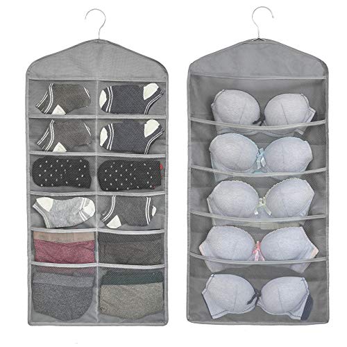 ALYER Dual-Sided Hanging Closet Mesh Pockets, Large Bra Stocking Clothes Socks Organizer(Gray)
