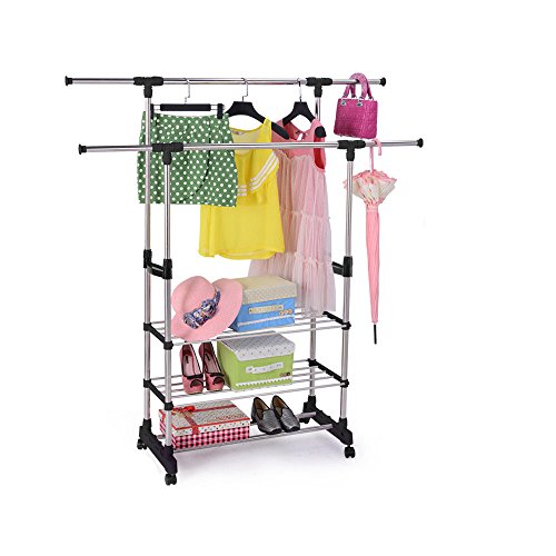 AK Energy 3-Tier Clothing Cloth Dry Double Rack Hanger Shelving Wire Shelf Rolling Stainless Steel
