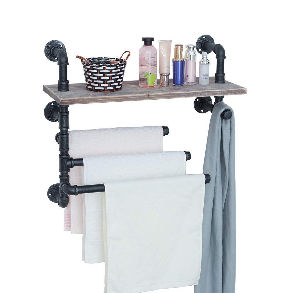 Top industrial towel rack with 3 towel bar 24in rustic bathroom shelves wall mounted farmhouse black pipe shelving wood shelf metal floating shelves towel holder iron distressed shelf over toilet