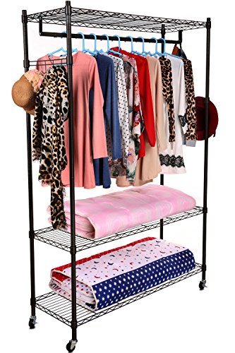 Homdox 3-Tiers Large Size Heavy Duty Wire Shelving Garment Rolling Rack Clothing Rack with Double Clothes Shelves and Lockable Wheels+1 Pair Side Hooks,Black