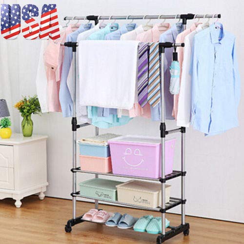 TNPSHOP Heavy Duty Collapsible Adjustable Clothing Rolling Double Garment Rack w/Shelf