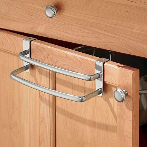 Buy now mdesign modern kitchen over cabinet strong steel double towel bar rack hang on inside or outside of doors storage and organization for hand dish tea towels 9 75 wide silver finish