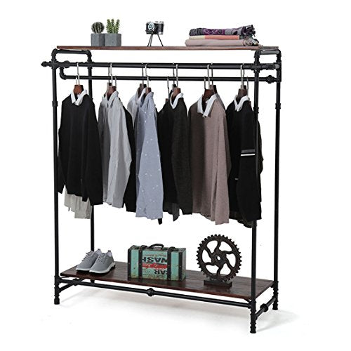 Qianniu Industrial Pipe Clothing Rack Garment Rack Pipeline Vintage Rack Closet Organizer Steampunk Decor a Rack Double Rod Hang Rail Department Store Style Clothes Garment Floor Display Rack