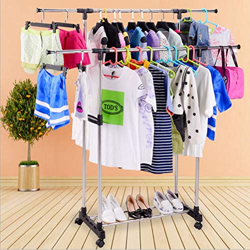 ad_eco New Heavy Duty Collapsible Adjustable Clothing Rolling Double-bar Garment Rack Hang (Portable Multi-Functional Clothes Hanger)