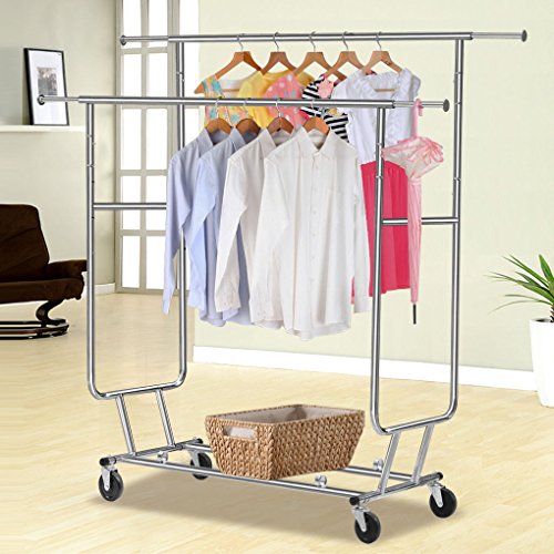 AK Energy Heavy Duty Steel Clothing Cloth Garment Collapsible w/Rolling Wheel Rack Double Bar Hanger 150Lbs Capacity