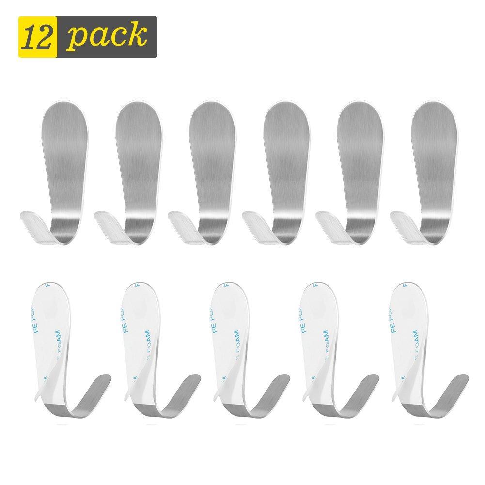 New self adhesive wall hooks 304 stainless steel key hooks heavy duty sticky coat hooks for towel robe hat 12 pack no drill no damage nailless waterproof metal hook for bathroom shower kitchen toilet